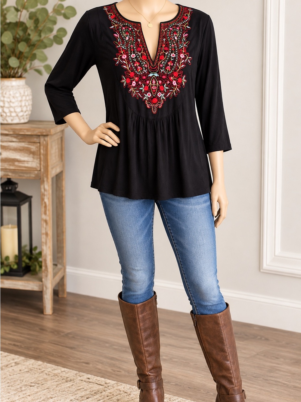 Design History Black Tunic Top with Red Floral Embroidery